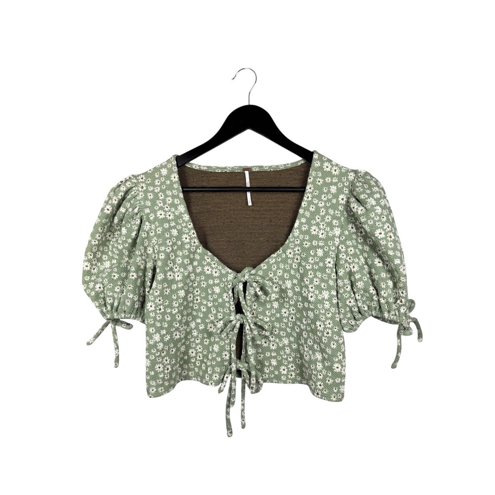 FREE PEOPLE Sweet Sun Green Top Floral Puff Sleeve Sz S